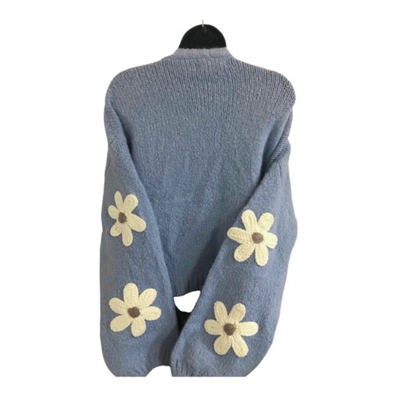 Blue chunky knit white flower floral embroidered open front cardigan sweater - Picture 9 of 17
